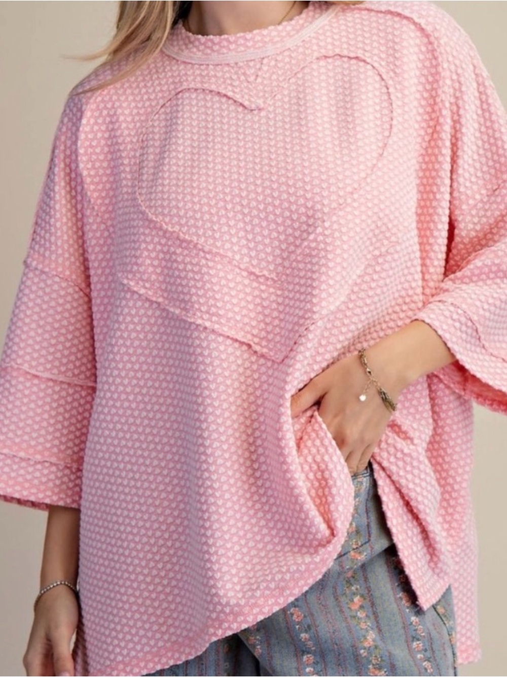 Easel Bubblegum Pink Heart Waffle Knit Pullover